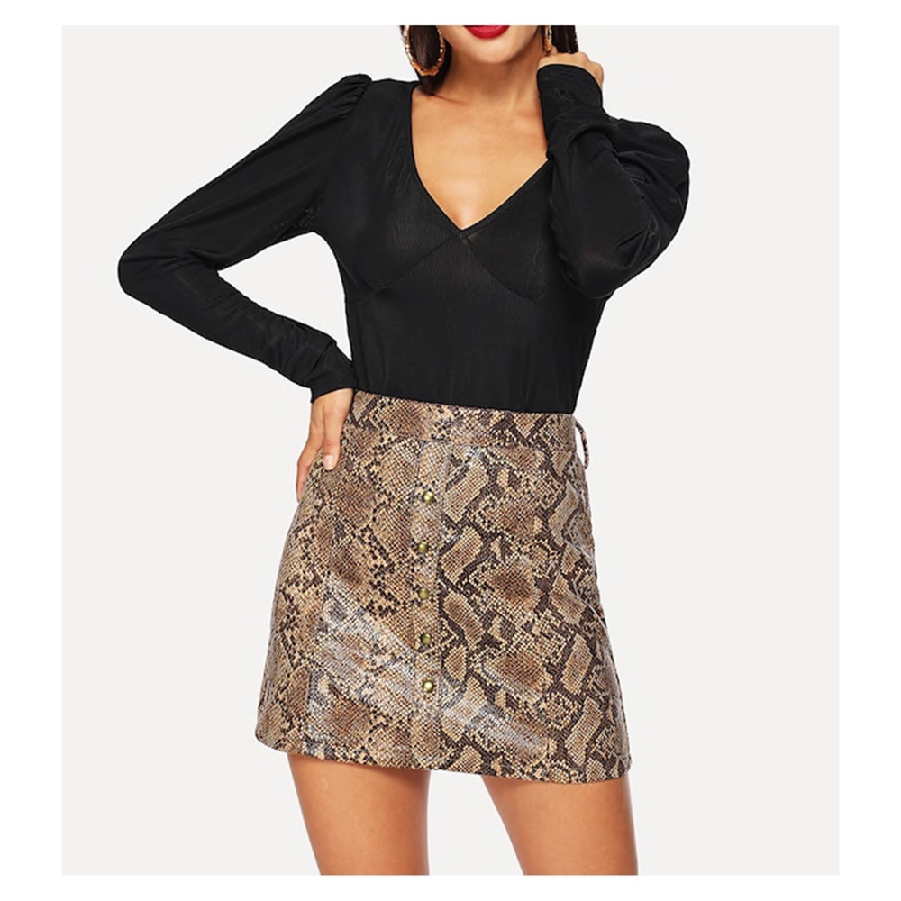 Brown Snake Print Button Down Mini Skirt - Picture 3 of 8